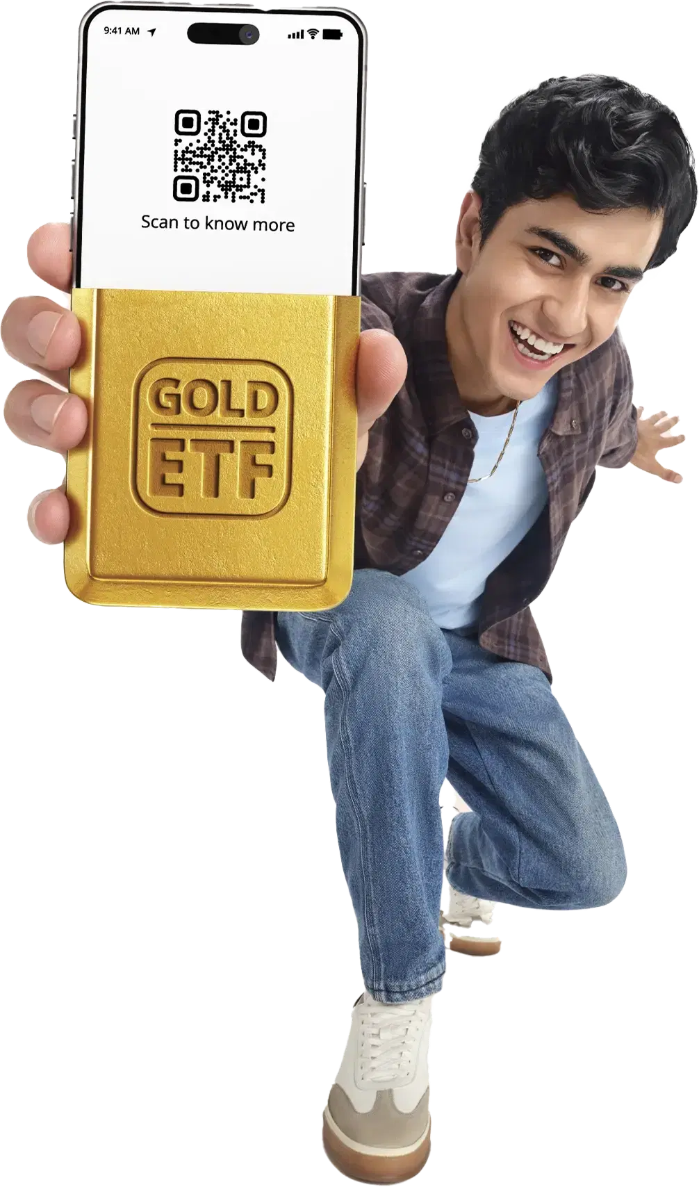 Person holding gold etf with QR code