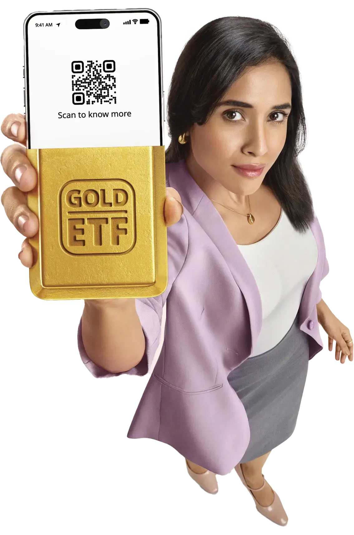 Person holding gold etf with QR code
