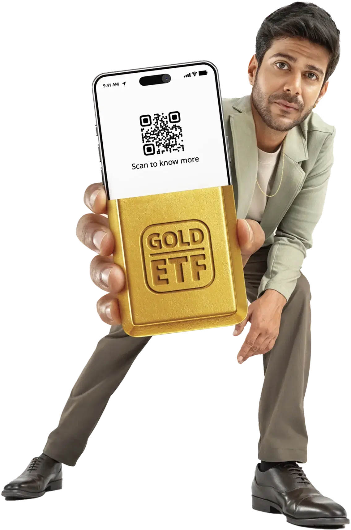 Person holding gold etf with QR code